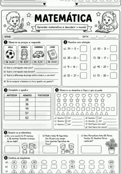 Folha de atividade de Matemática 2 de 6, completa e extraída do vídeo