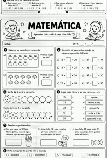Folha de atividade de Matemática 3 de 6, completa e extraída do vídeo