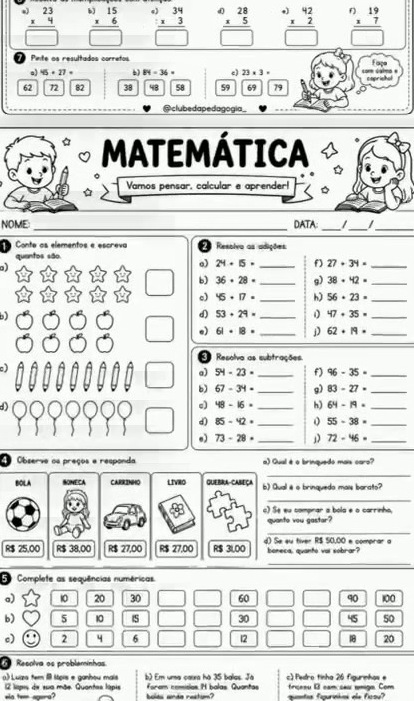 Folha de atividade de Matemática 5 de 6, completa e extraída do vídeo